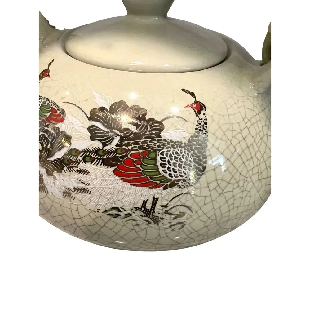 Japanese Kettle Teapot Brewer Pheasant Bird Crackle Glaze Crazed Woven Handle